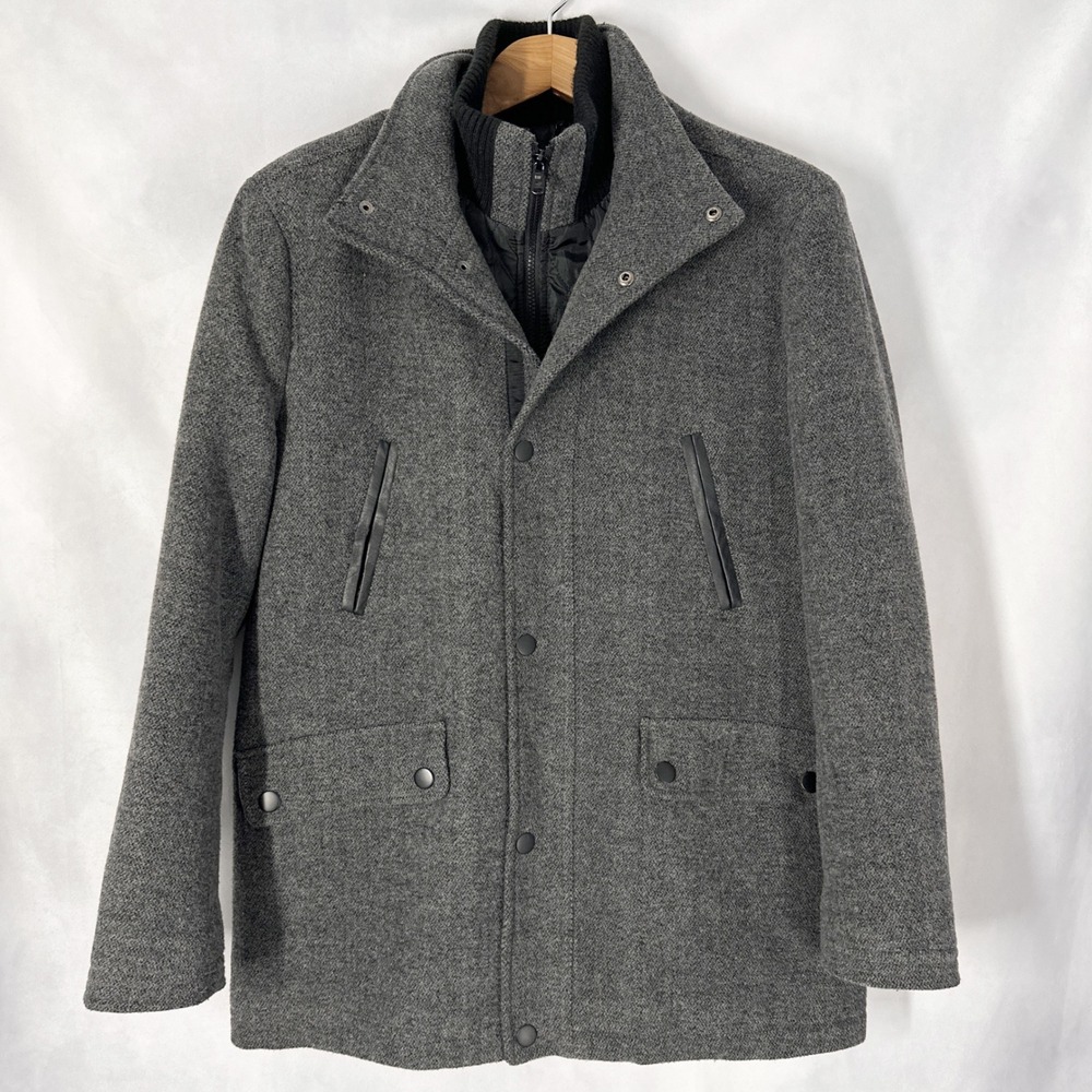 Kenneth Cole Wool Grey Coat Funnel Neck Layered Zip Jacket Mens Size Medium
